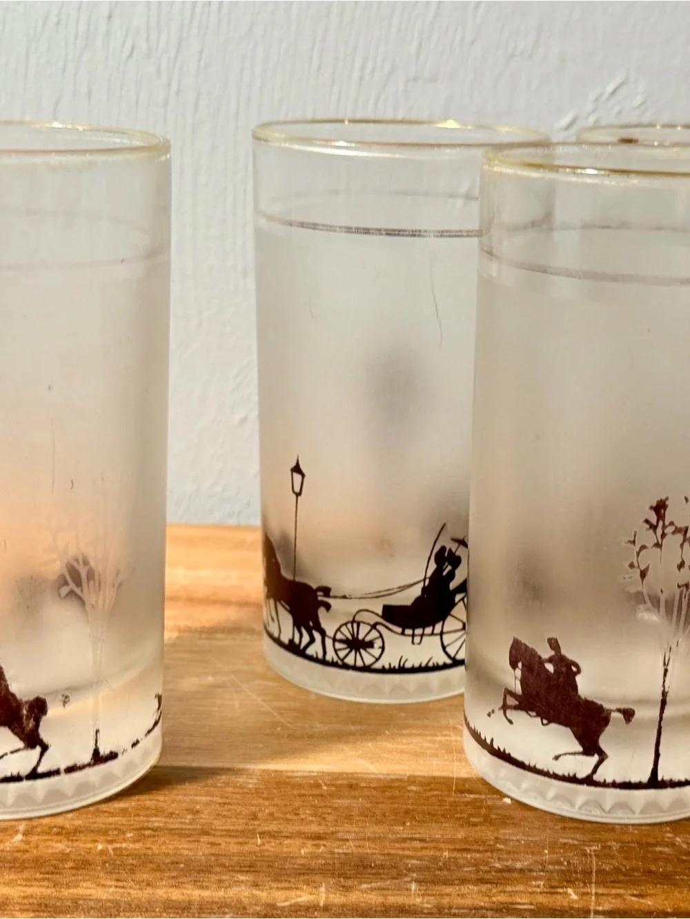 Vintage Frosted Highball Glasses with Black Silhouette Horse & Carriage Design